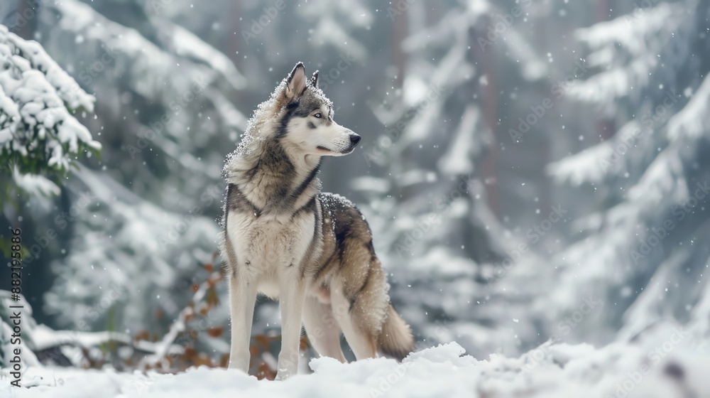 Obraz premium A majestic Alaskan Malamute standing proudly in a snowy forest, with pine trees covered in snow in the background, with ample copy space, no text,