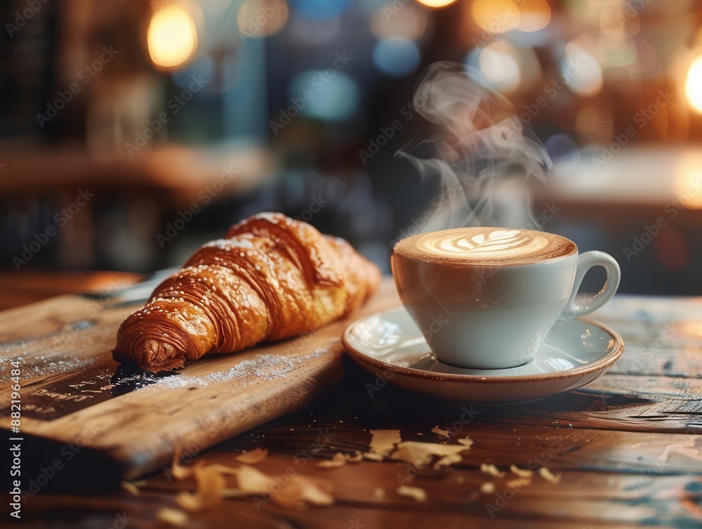 artisanal coffee experience with latte art and fresh croissant rich warm tones emphasize inviting atmosphere steam rising from cup golden pastry flakes rustic wooden table setting artisanal coffee experience with latte art and fresh croissant rich warm tones emphasize inviting atmosphere steam rising from cup golden pastry flakes rustic wooden table setting