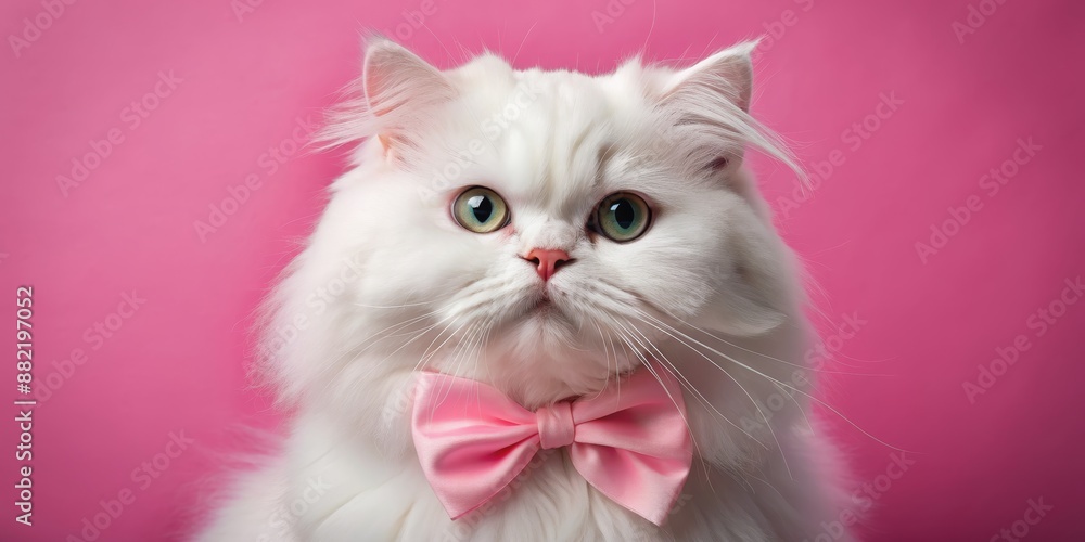 White Persian Cat with Pink Bowtie on a Pink Background, Persian cat , fluffy cat, pink bowtie, portrait White Persian Cat with Pink Bowtie on a Pink Background, Persian cat , fluffy cat, pink bowtie, portrait