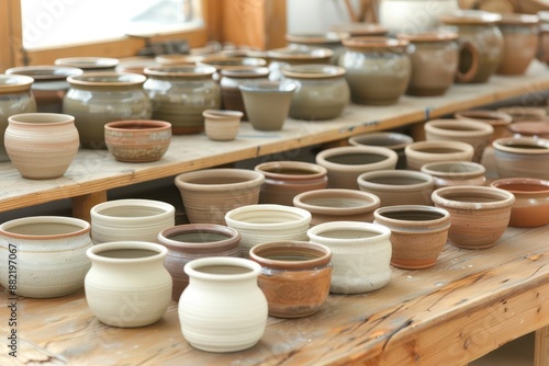 A variety of handmade pottery displayed on a table, showcasing artisan skills