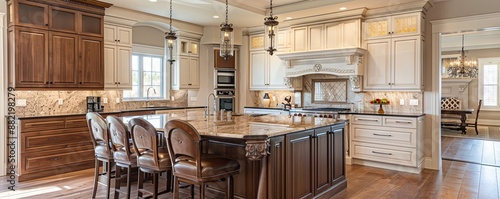 Upscale kitchen with custom cabinetry and a large island.