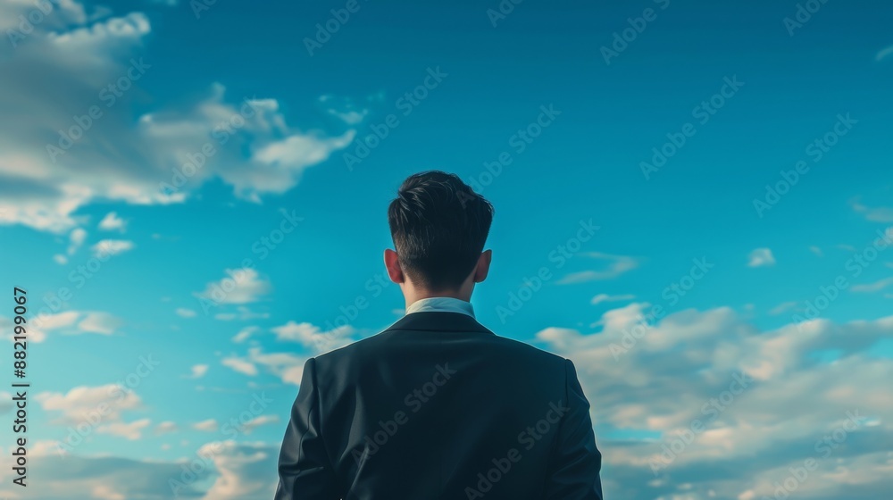 A businessman in a suit stands looking at a bright sky, symbolizing hope, ambition, and future aspirations. A businessman in a suit stands looking at a bright sky, symbolizing hope, ambition, and future aspirations.