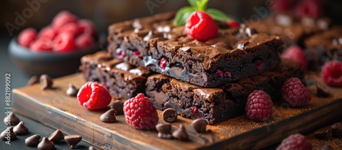 Chocolate Brownie Stack with Raspberries and Chocolate Chips photo