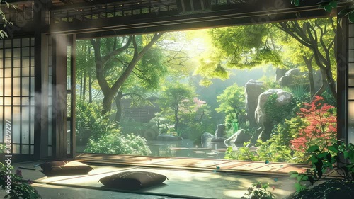 Animation Serene Japanese Garden View from Traditional House Interior generated with ai