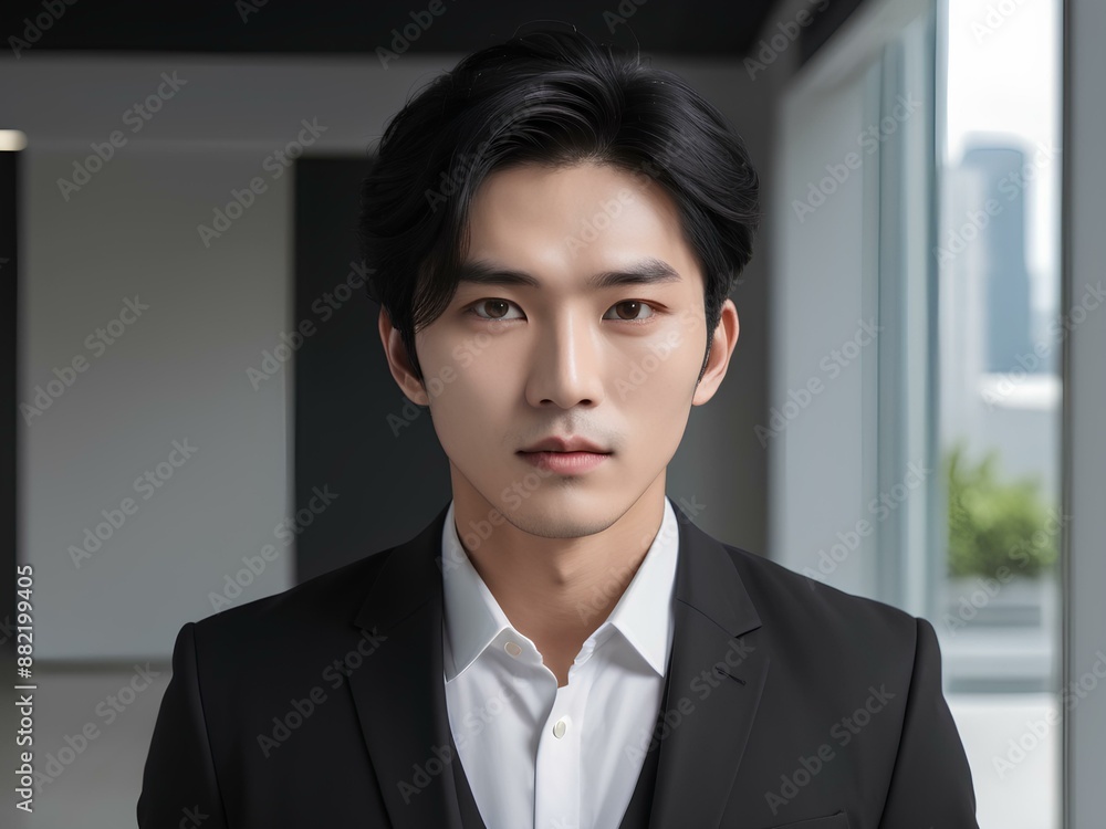 Confident Asian man in a business suit stands against blurred office background. Ai Generated Confident Asian man in a business suit stands against blurred office background. Ai Generated