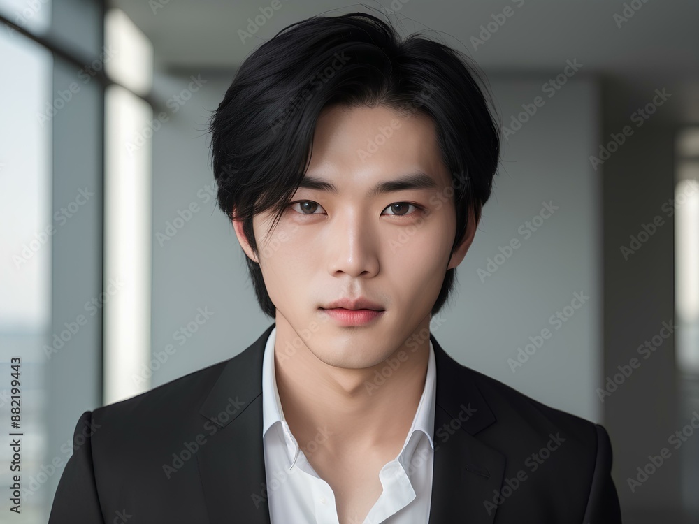 Confident Asian man in a business suit stands against blurred office background. Ai Generated Confident Asian man in a business suit stands against blurred office background. Ai Generated
