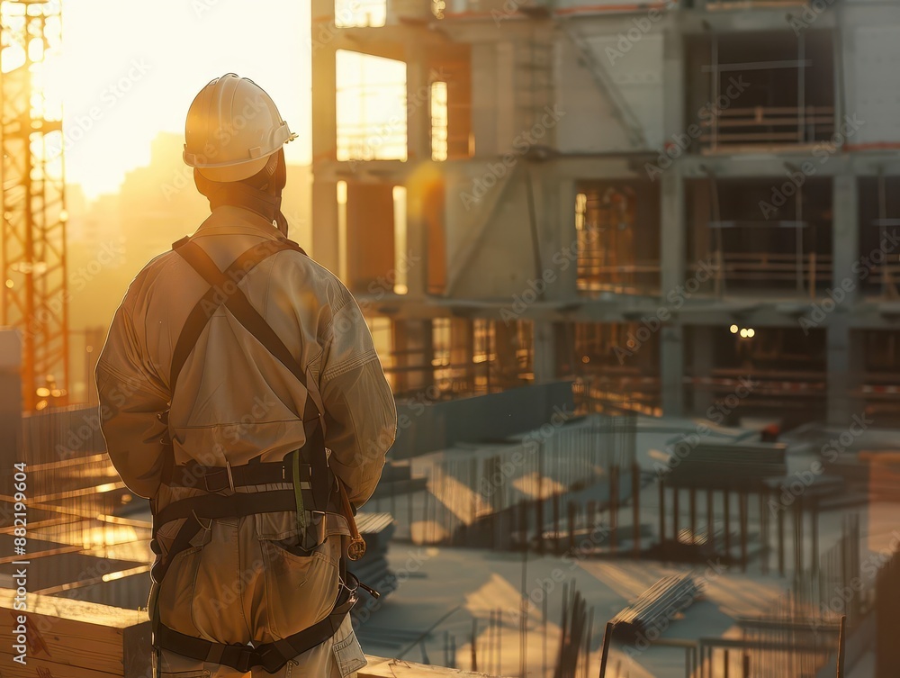 construction worker in full ppe gear surveying a modern building site at golden hour dramatic lighting sense of progress and industry construction worker in full ppe gear surveying a modern building site at golden hour dramatic lighting sense of progress and industry