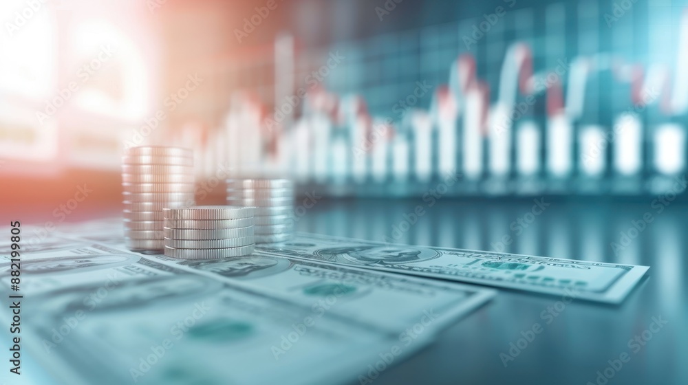 A pile of coins and a stack of dollar bills sit on a table A pile of coins and a stack of dollar bills sit on a table