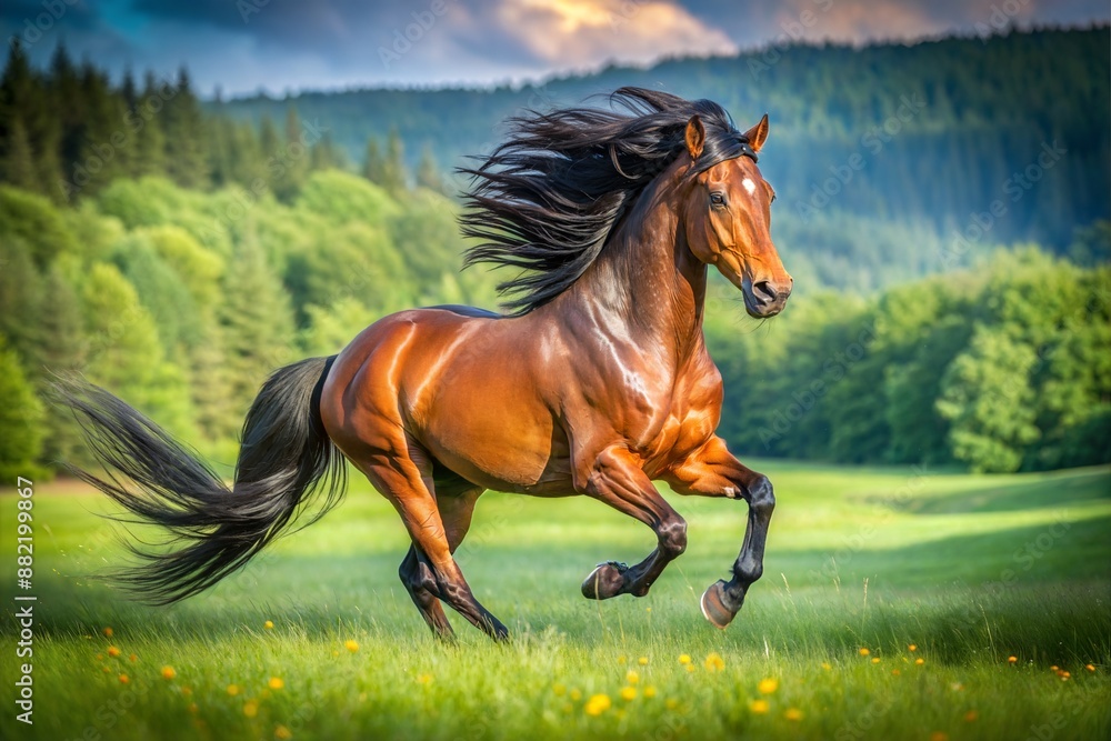Bay Horse Running Through Green Field at Sunset. Generative AI Bay Horse Running Through Green Field at Sunset. Generative AI
