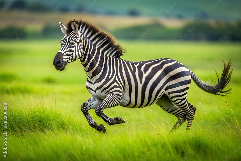 Zebra Running Through Green Grass in African Savanna. Generative AI Zebra Running Through Green Grass in African Savanna. Generative AI