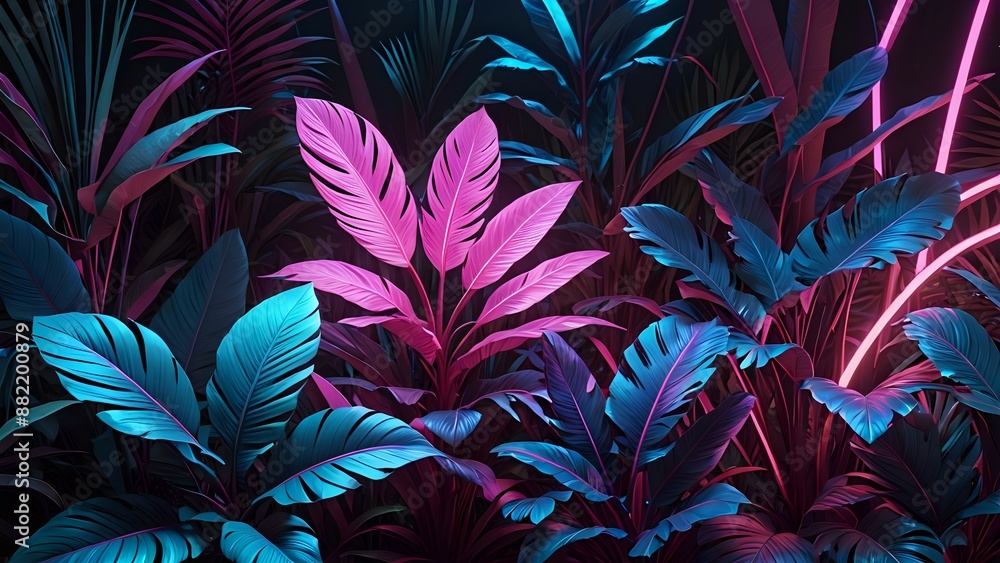 Vibrant pink and blue tropical leaves under neon glow. Vibrant pink and blue tropical leaves under neon glow.