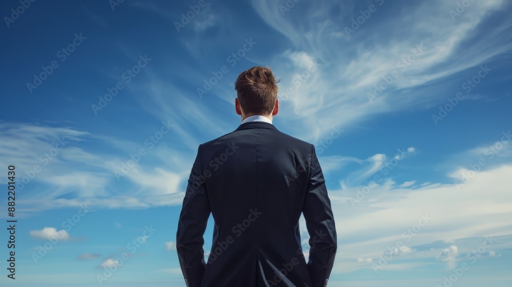 A businessman in a suit gazes at the sky, symbolizing ambition and future goals in his professional career A businessman in a suit gazes at the sky, symbolizing ambition and future goals in his professional career