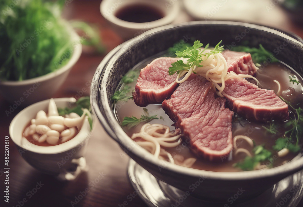 Pho with wagyu beef and bone marrow in a deep bowl with fresh herbs in a luxurious Vietnamese pho house Pho with wagyu beef and bone marrow in a deep bowl with fresh herbs in a luxurious Vietnamese pho house
