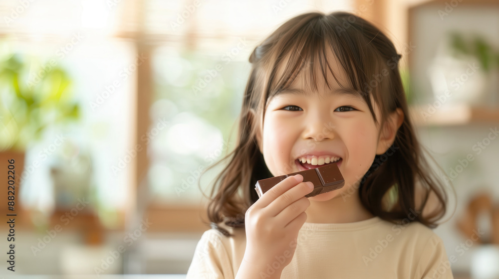 a little girl happily eating a piece of chocolate in a bright, cozy kitchen, capturing the innocence and delight of childhood moments a little girl happily eating a piece of chocolate in a bright, cozy kitchen, capturing the innocence and delight of childhood moments