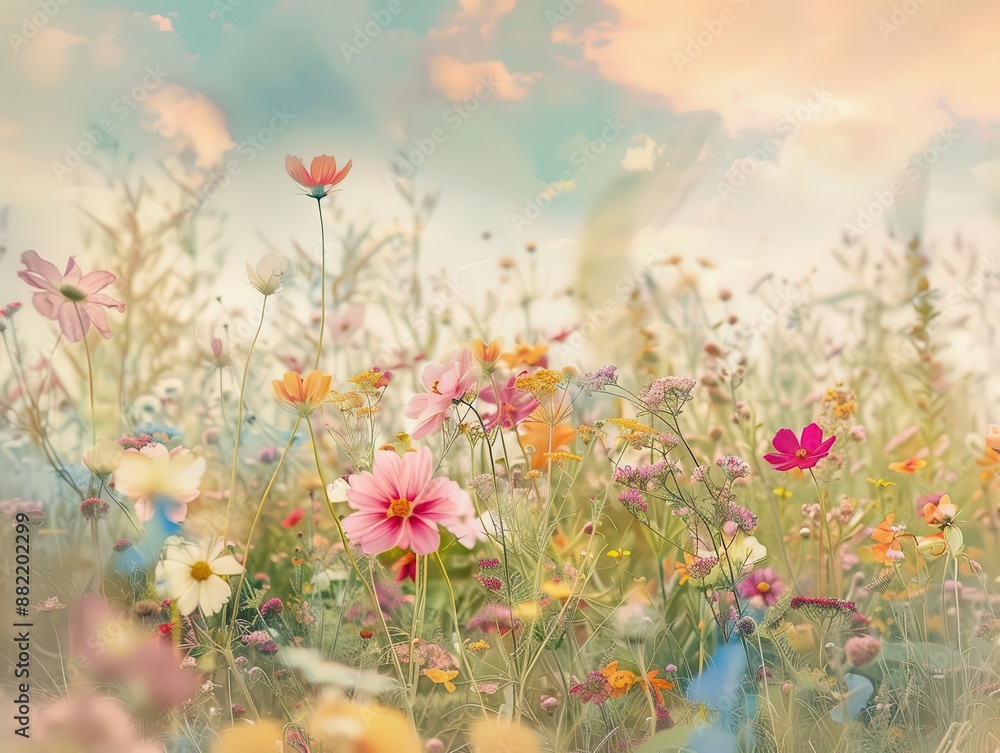 Obraz premium dreamy wildflower meadow bursting with colorful blooms under a warm summer sky soft focus and golden hour lighting create a romantic painterly atmosphere
