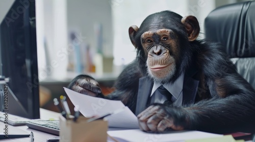 The monkey works in the office. An animal in a corporate business environment. 
Dressed in a suit and tie, he works with documents.
