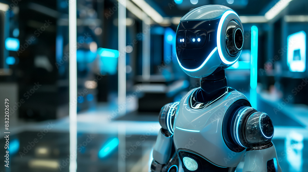 Futuristic robot in high-tech environment Futuristic robot in high-tech environment