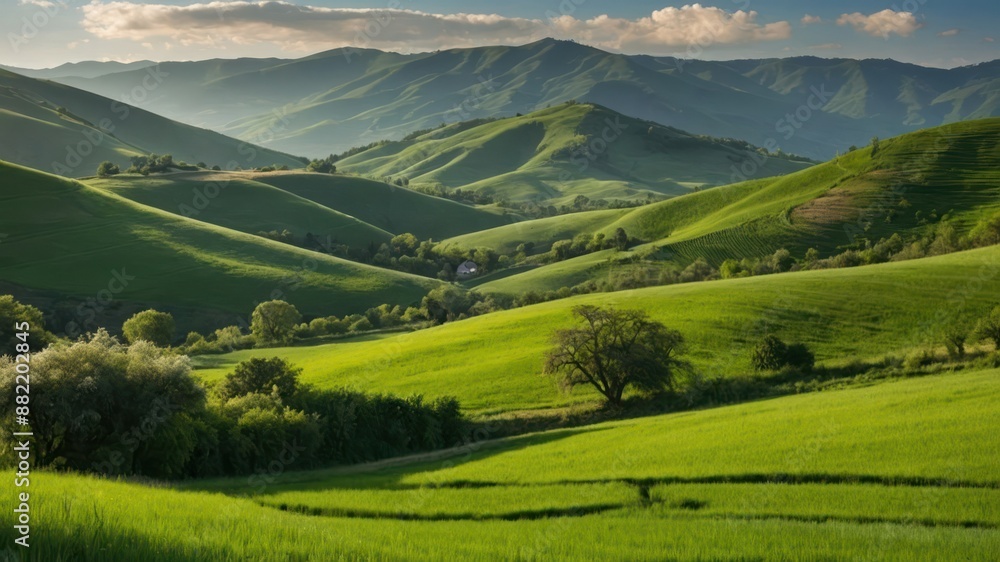 A serene green landscape with rolling hills and mountains, perfect for relaxation, hiking, and nature inspired travel A serene green landscape with rolling hills and mountains, perfect for relaxation, hiking, and nature inspired travel