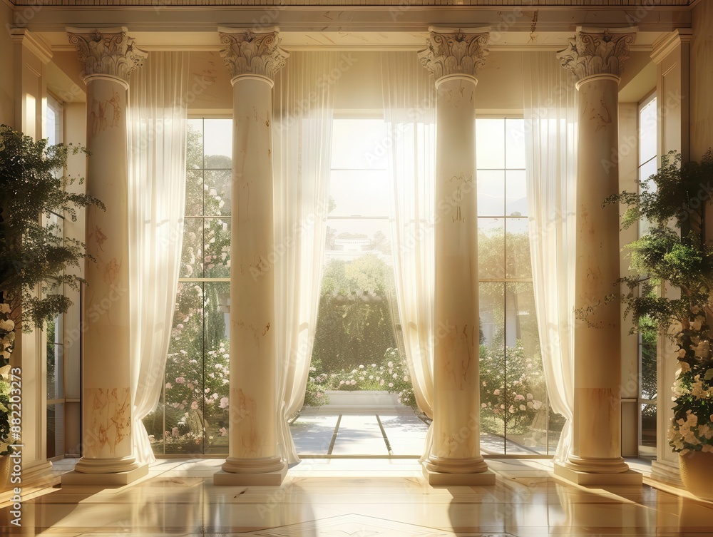 elegant greekinspired atrium bathed in golden sunlight tall marble columns framing a panoramic window overlooking a lush garden ethereal atmosphere with delicate draperies elegant greekinspired atrium bathed in golden sunlight tall marble columns framing a panoramic window overlooking a lush garden ethereal atmosphere with delicate draperies
