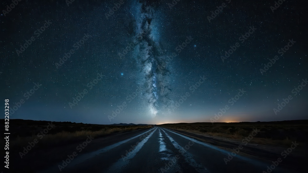 Naklejka premium A breathtaking image of the Milky Way over a dark, starry night sky along a lonely road, perfect for stargazing and conveying a sense of infinite exploration