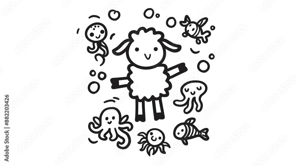Adorable Cartoon Sheep with Playful Doodle Elements Adorable Cartoon Sheep with Playful Doodle Elements