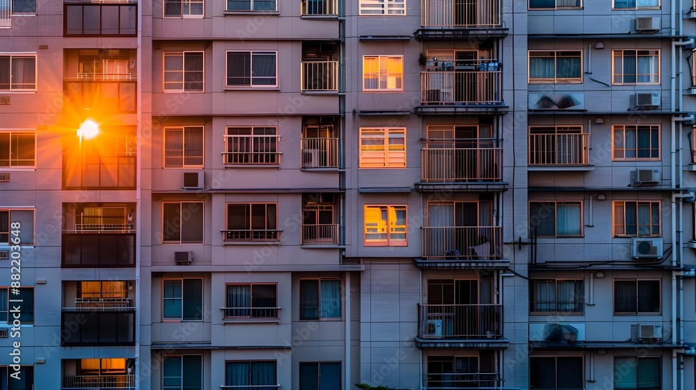 Vibrant Urban Sunset Cityscape with Illuminated High-Rise Apartment Buildings Vibrant Urban Sunset Cityscape with Illuminated High-Rise Apartment Buildings