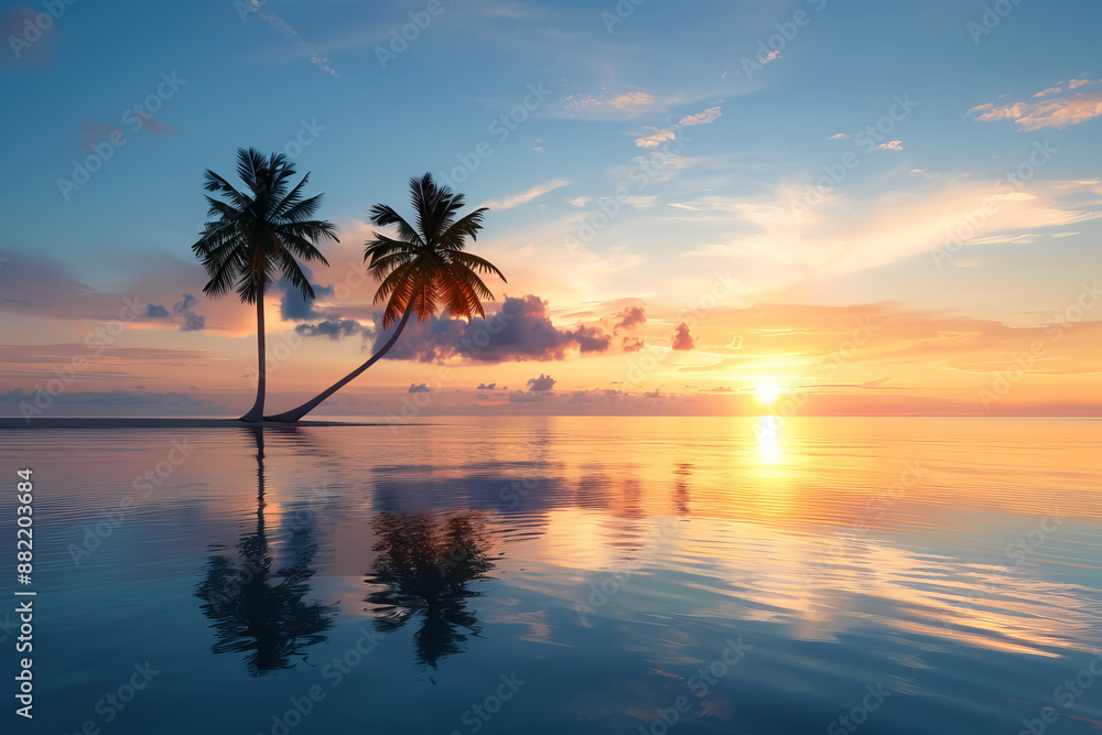 Serene sunset over tranquil ocean with palm trees reflecting on the water, capturing a beautiful and peaceful tropical paradise moment. Serene sunset over tranquil ocean with palm trees reflecting on the water, capturing a beautiful and peaceful tropical paradise moment.