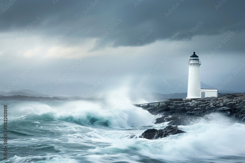 Majestic lighthouse standing on rocky shore with crashing waves under a dramatic cloudy sky, symbolizing guidance and resilience. Majestic lighthouse standing on rocky shore with crashing waves under a dramatic cloudy sky, symbolizing guidance and resilience.