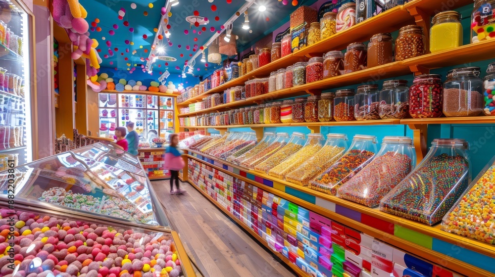 Naklejka premium A bright pastry shop with colorful showcases of various sweets, a bright and cheerful atmosphere, jars of sweets and chocolates.