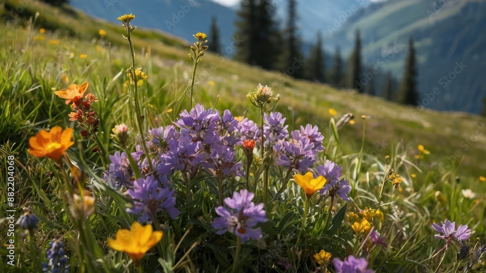 Obraz premium A stunning meadow filled with colorful wildflowers set against a mountainous backdrop, perfect for themes of nature, tranquility, and outdoor beauty