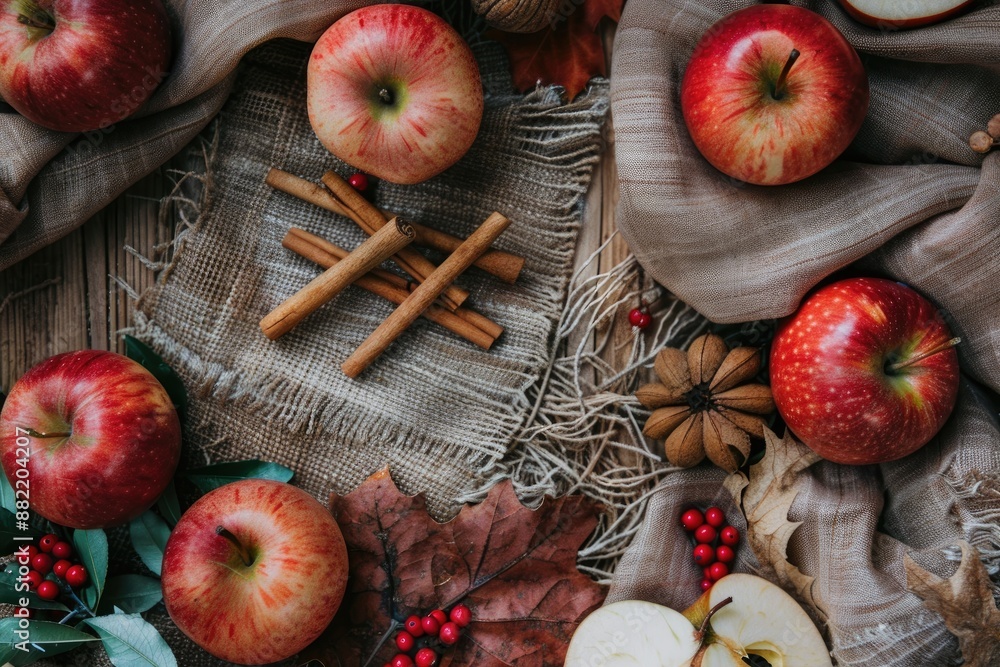 Rustic Fall Flatlay with Apples, Cinnamon Sticks, and Burlap Rustic Fall Flatlay with Apples, Cinnamon Sticks, and Burlap