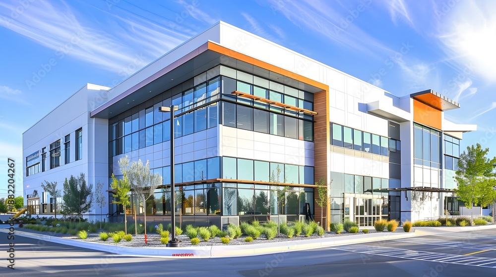 Modern Corporate Office Building with Glass Facade and Landscaped Surroundings Modern Corporate Office Building with Glass Facade and Landscaped Surroundings