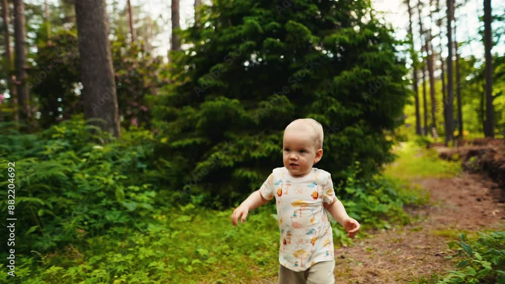 A young child explores a forest path under the bright sun, filled with joy and curiosity, enjoying the nature A young child explores a forest path under the bright sun, filled with joy and curiosity, enjoying the nature