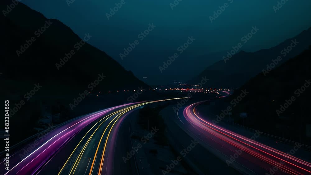 The dark silhouette of the mountain range is punctuated by the bright streaks of light created by passing vehicles on the highway below. The dark silhouette of the mountain range is punctuated by the bright streaks of light created by passing vehicles on the highway below.