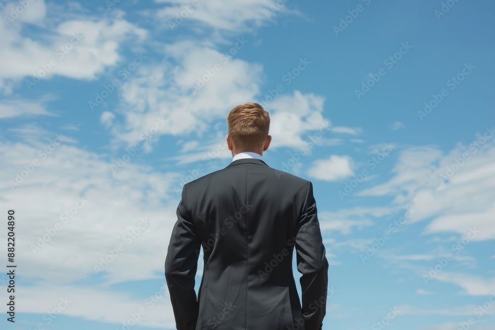 Rear view of a businessman in a suit looking at the sky, symbolizing ambition and future aspirations.