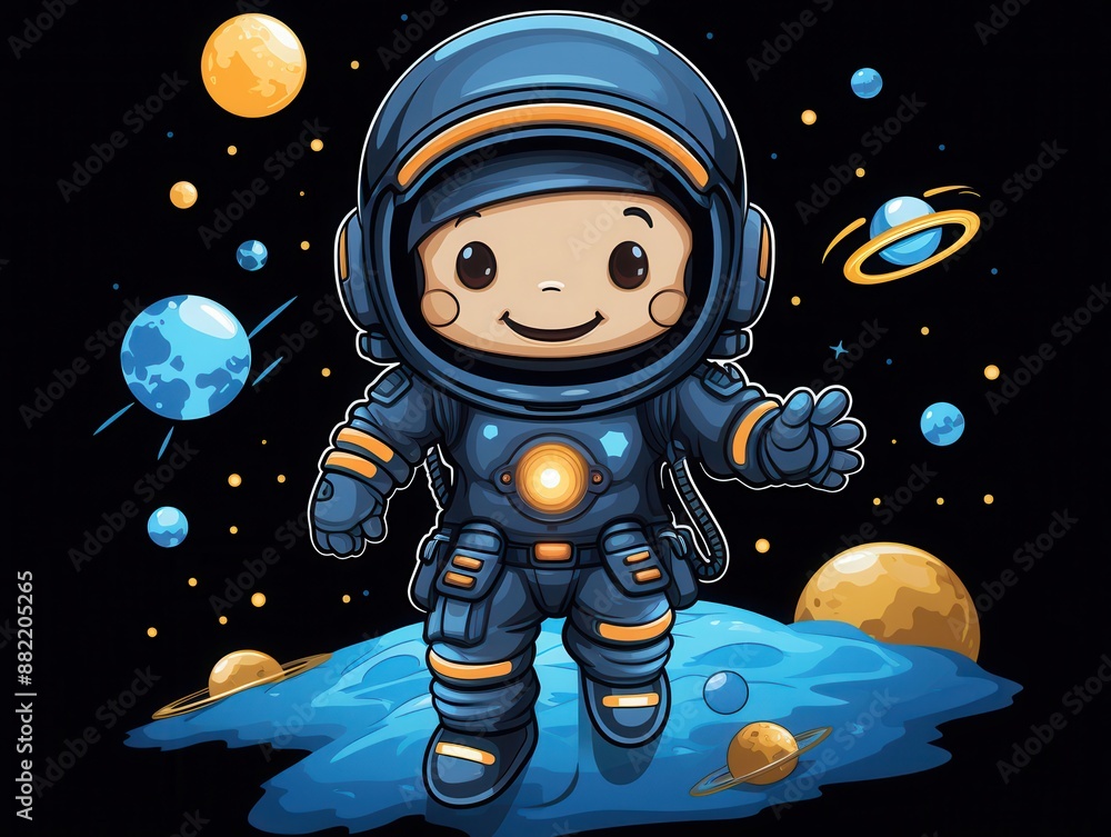 Cute cartoon astronaut floating in space with planets and stars in the background, wearing a blue spacesuit and helmet. Cute cartoon astronaut floating in space with planets and stars in the background, wearing a blue spacesuit and helmet.