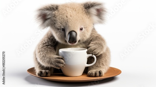 Cute koala holding a white cup, sitting on a wooden tray, isolated on a white background. Adorable and heartwarming animal photo. photo