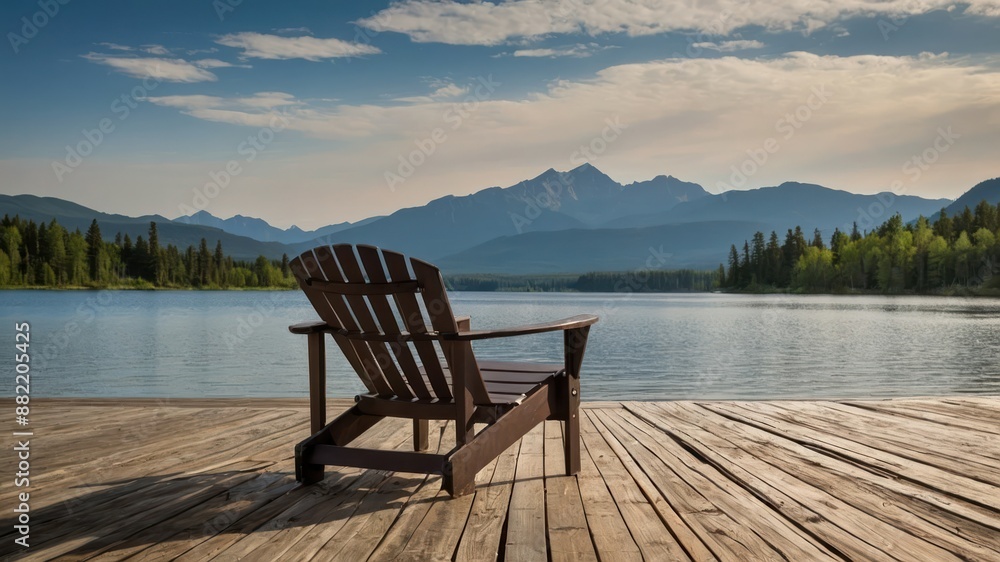 Wooden deck chair facing a serene lake with a mountainous backdrop Perfect for relaxation, retreat, or enjoying nature's peaceful beauty in the wilderness Wooden deck chair facing a serene lake with a mountainous backdrop Perfect for relaxation, retreat, or enjoying nature's peaceful beauty in the wilderness