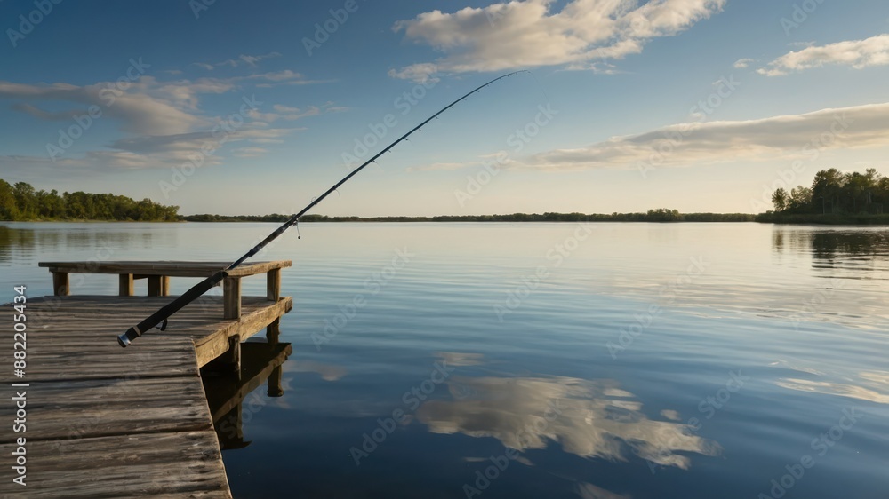 Obraz premium Serene lakeside scene with a fishing pole extending from a wooden dock over calm water, clouds reflecting on the water's surface, creating a peaceful atmosphere