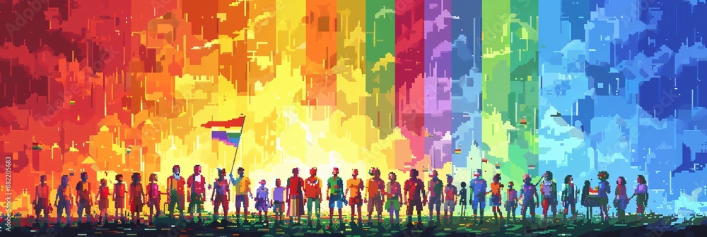 Unity at Pixelated Pride Diverse Crowd Celebrating Together under Rainbow Flags Unity at Pixelated Pride Diverse Crowd Celebrating Together under Rainbow Flags