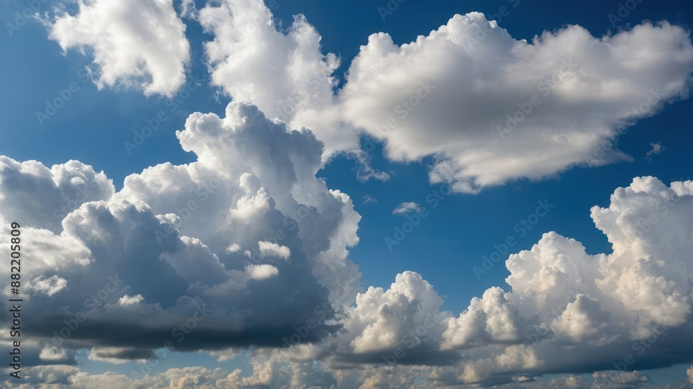 A picturesque view of fluffy white cumulus clouds against a clear blue sky, evoking a sense of tranquility and openness Ideal for nature and weather concepts A picturesque view of fluffy white cumulus clouds against a clear blue sky, evoking a sense of tranquility and openness Ideal for nature and weather concepts