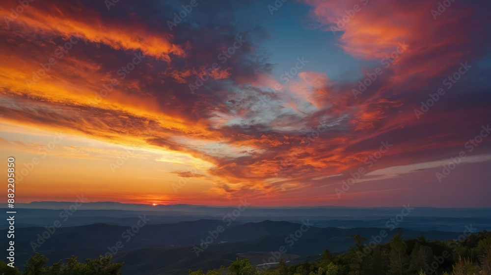 Fototapeta premium A breathtaking sunset with vibrant colors and dramatic clouds above mountain ranges, captured at twilight, perfect for tranquil and scenic concepts
