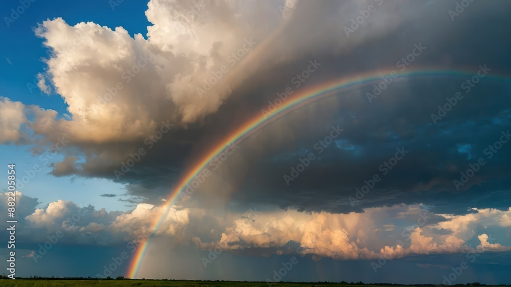 A vibrant rainbow arcs across a dramatic, cloud filled sky over a lush green horizon, capturing the beauty of nature after a storm A vibrant rainbow arcs across a dramatic, cloud filled sky over a lush green horizon, capturing the beauty of nature after a storm