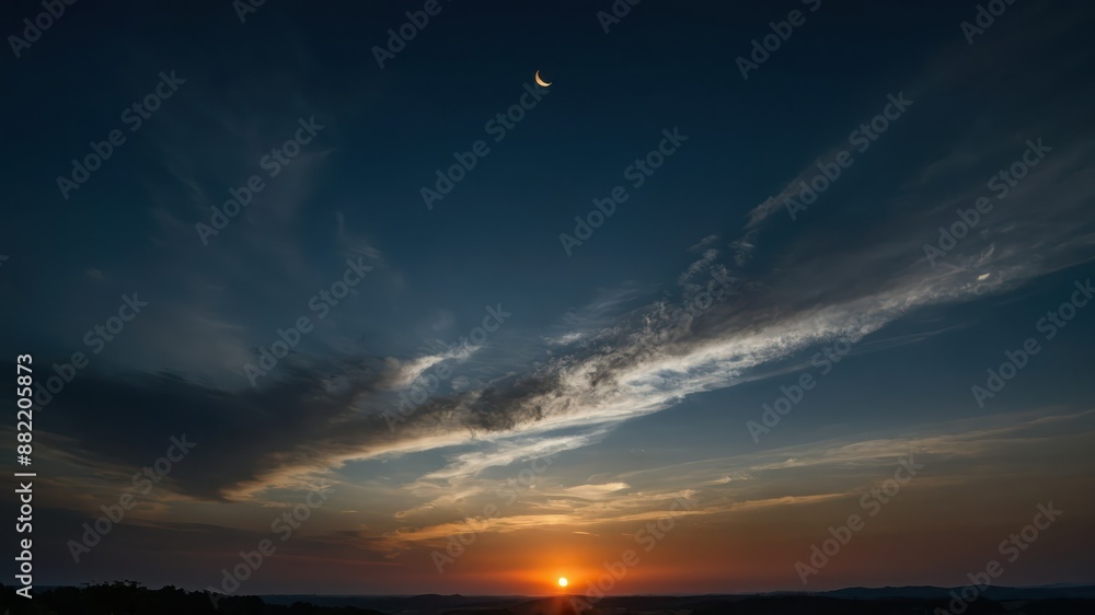 Fototapeta premium Beautiful sunset with a crescent moon and clouds at twilight creating a serene and tranquil landscape, perfect for nature lovers and relaxation themes