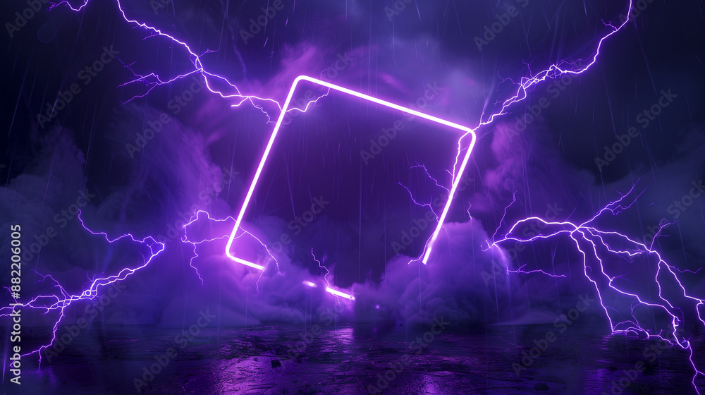 Square-Shaped Neon Frame with Purple Lightning and Smoke Effects Stock ...