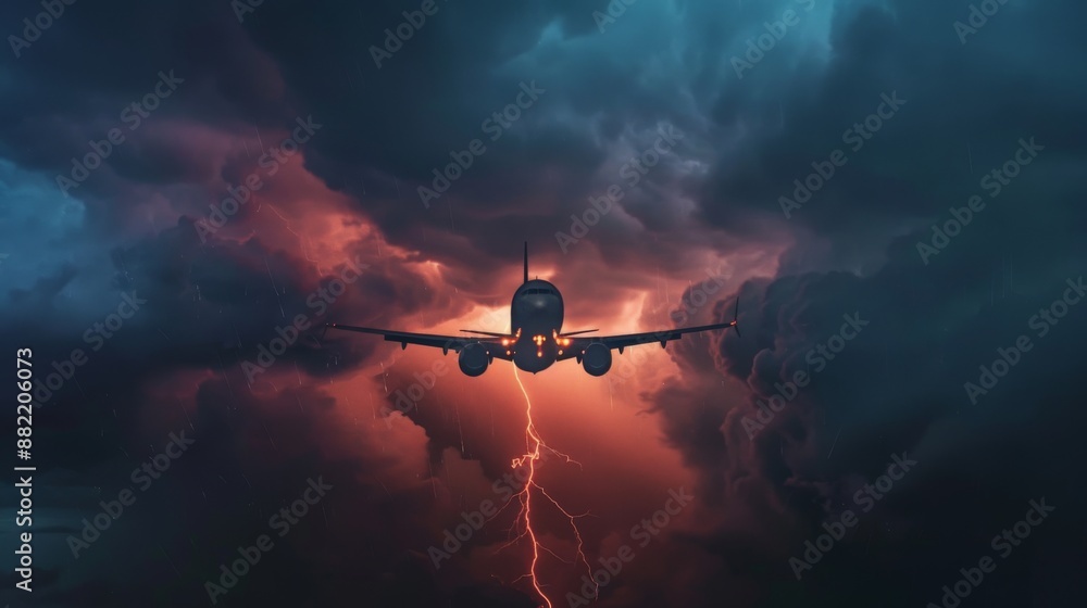 Naklejka premium A plane flying through a thunderstorm front
