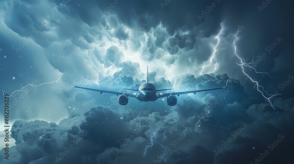 Naklejka premium A plane flying through a thunderstorm front