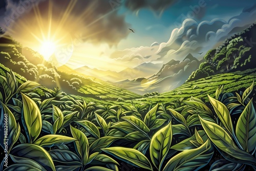 Lush green tea plantation landscape with vibrant sunrise and majestic mountains photo