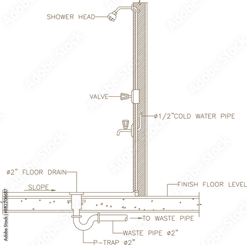 Vector silhouette illustration sketch of detailed construction design for shower installation for bathing in the bathroom