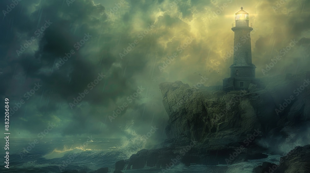 Fototapeta premium On a rugged cliff edge, an old stone lighthouse stands tall against a tempestuous sea, a solitary ray of light through the thick fog, guiding unseen ships to safety